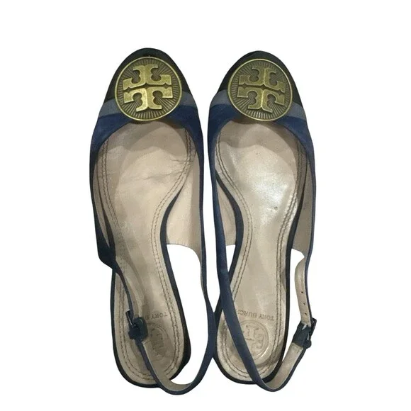 Tory Burch Alastair Slingback Heels Navy Suede Classic Logo Medallion 6M - Picture 1 of 6